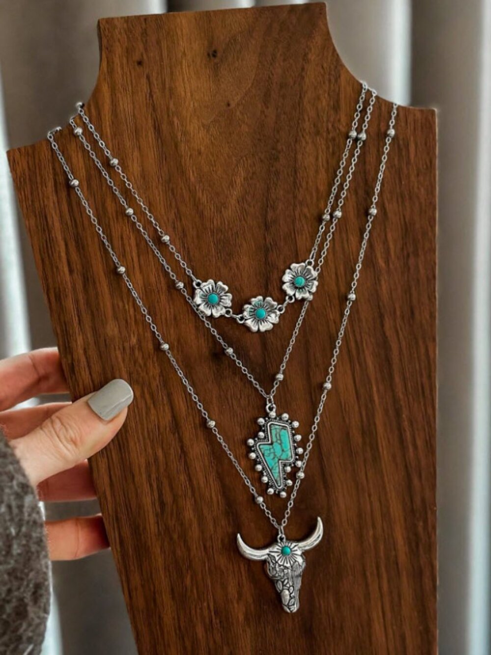 Layered Western Turquoise Bull Skull & Lightning Bolt Necklace Boho Cowgirl